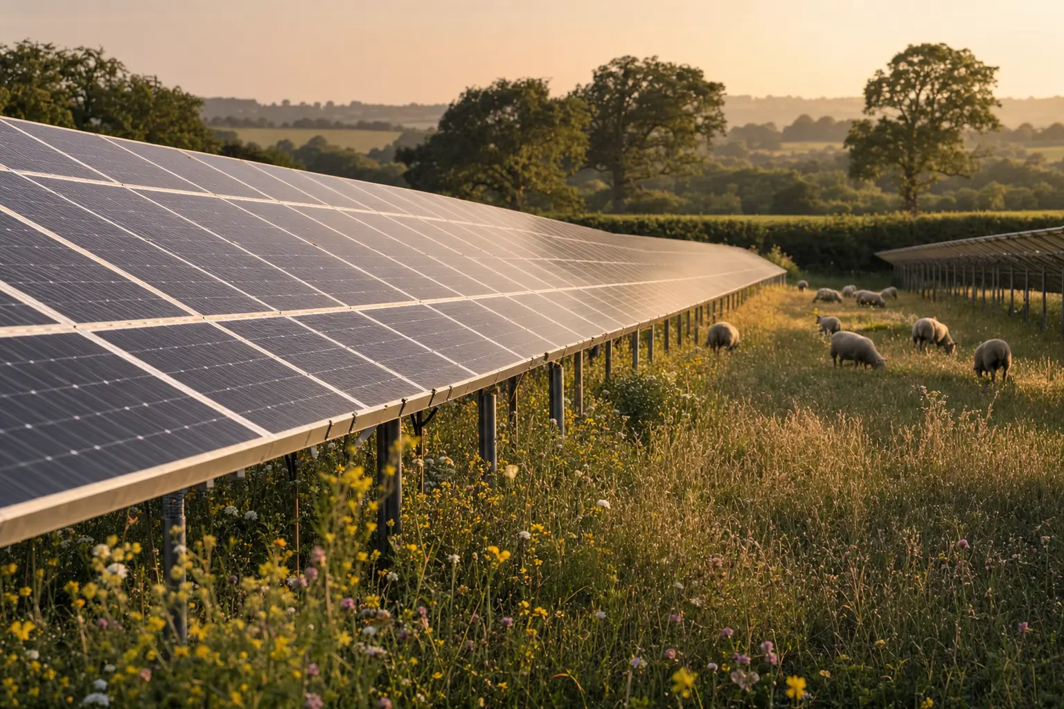 Operational UK solar farm with sheep grazing between panel rows